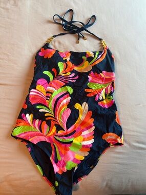 Black One-Piece Swimsuit with Neon Floral Print
